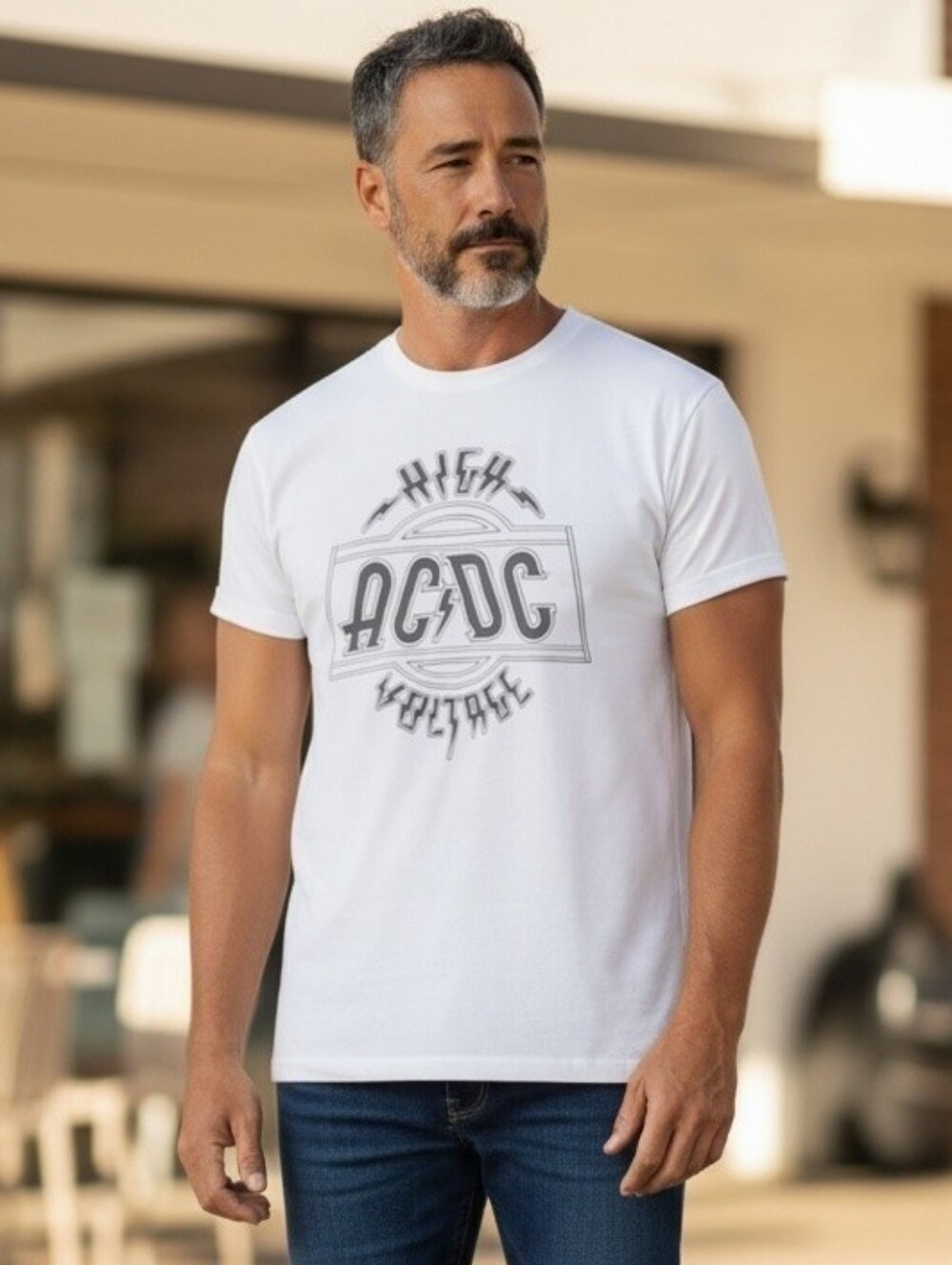 AC/DC White Tee with Black High Voltage Logo